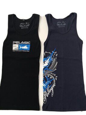 Pelagic Tank Top Lot Girls Medium Black Blue Ribbed Fish Summer Beach Coastal